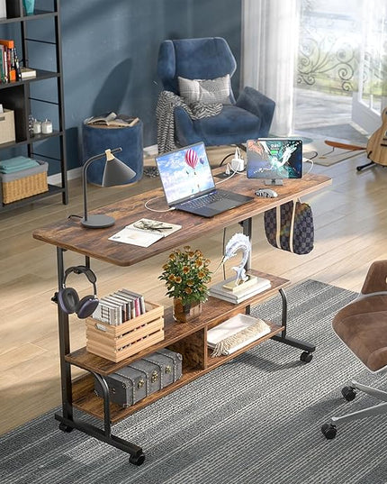 Height Adjustable Standing Desk with Power Outlets, 47" Manual Stand Up Desk with Storage Shelves Small Mobile Rolling Computer Desk Portable Laptop Table with Wheels for Home Office, Rustic - LeafyLoom