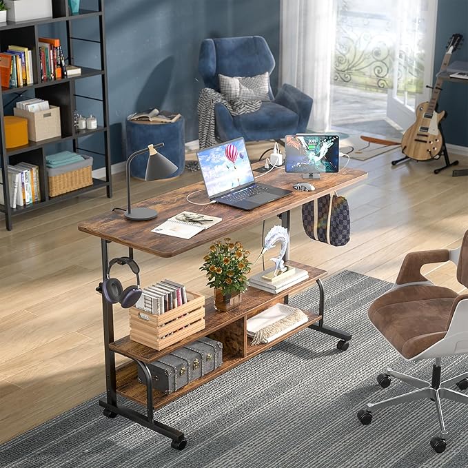 Height Adjustable Standing Desk with Power Outlets, 47" Manual Stand Up Desk with Storage Shelves Small Mobile Rolling Computer Desk Portable Laptop Table with Wheels for Home Office, Rustic - LeafyLoom