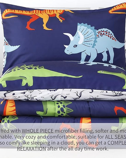 RYNGHIPY Cartoon Dinosaur Comforter Set, Dark Blue Dinosaur Kids Bedding Set for Boys, Dinosaurs Print Comforter Sets for Kids/Toddlers/Teens (Dinosaur,Twin) - LeafyLoom