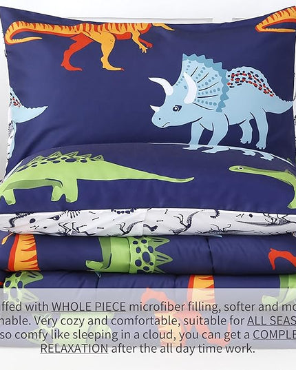 RYNGHIPY Cartoon Dinosaur Comforter Set, Dark Blue Dinosaur Kids Bedding Set for Boys, Dinosaurs Print Comforter Sets for Kids/Toddlers/Teens (Dinosaur,Queen) - LeafyLoom