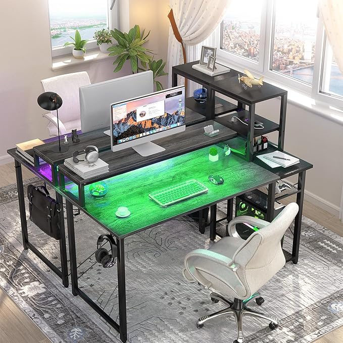 47.2'' Gaming Desk with LED and storage Shelves, 47 Computer Desk with Long Monitor Stand, Small Desk for Small Space, Simple Study Student Writing Desk, Laptop Table for Home Office, Grey - LeafyLoom