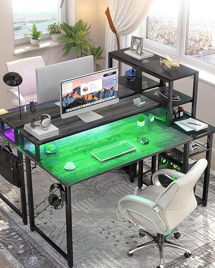 39.4'' Gaming Desk with LED and Storage Shelves, 39 Computer Desk with Long Monitor Stand, Small Desk for Small Space, Simple Study Student Writing Desk, Laptop Table for Home Office, Grey - LeafyLoom