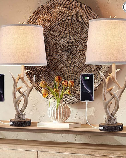 Dungoo Rustic Western Table Lamp Set of 2, 26" Farmhouse Table Lamp for Bedroom with 2 USB Ports, Natural Antler Table Lamp for Christmas Living Room Gift Foyer Office (Rustic Brown) - LeafyLoom