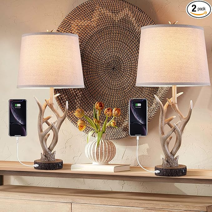 Dungoo Rustic Western Table Lamp Set of 2, 26" Farmhouse Table Lamp for Bedroom with 2 USB Ports, Natural Antler Table Lamp for Christmas Living Room Gift Foyer Office (Rustic Brown) - LeafyLoom