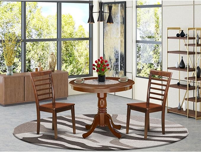East West Furniture ANML3-MAH-W 3 Piece Modern Set Contains a Round Kitchen Table with Pedestal and 2 Dining Chairs, 36x36 Inch, Mahogany - LeafyLoom
