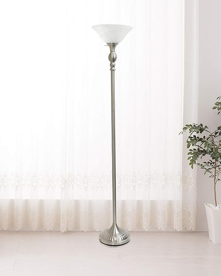 Elegant Designs LF2001-BSN 1 Light Torchiere Marbleized White Glass Shade Floor Lamp, Brushed Nickel - LeafyLoom