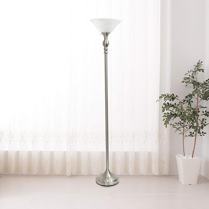 Elegant Designs LF2001-BSN 1 Light Torchiere Marbleized White Glass Shade Floor Lamp, Brushed Nickel - LeafyLoom