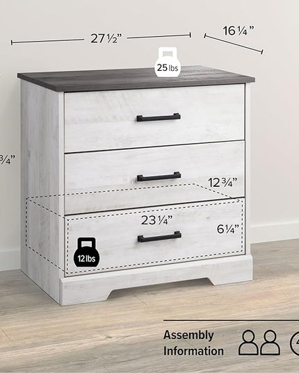 Prepac Rustic Ridge Farmhouse 3-Drawer Nightstand, Washed White, ADNR-1603-1 - LeafyLoom