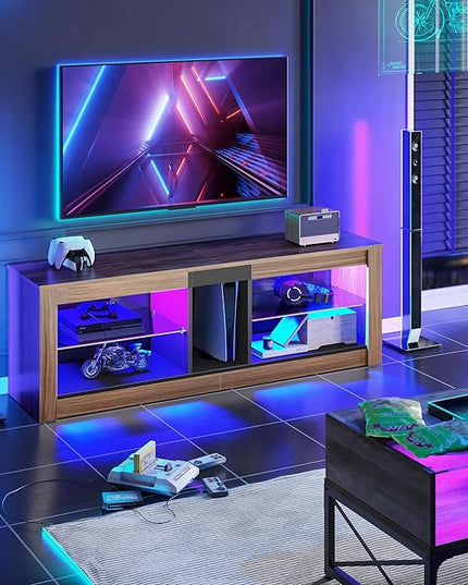 Bestier 55 Inch TV Stand with LED light, Adjustable Glass Shelves, 22 Dynamic RGB Colors, P2 Particle Board, for Entertainment Center, Living Room, Gaming Room, and Bedroom, Pinewood - LeafyLoom