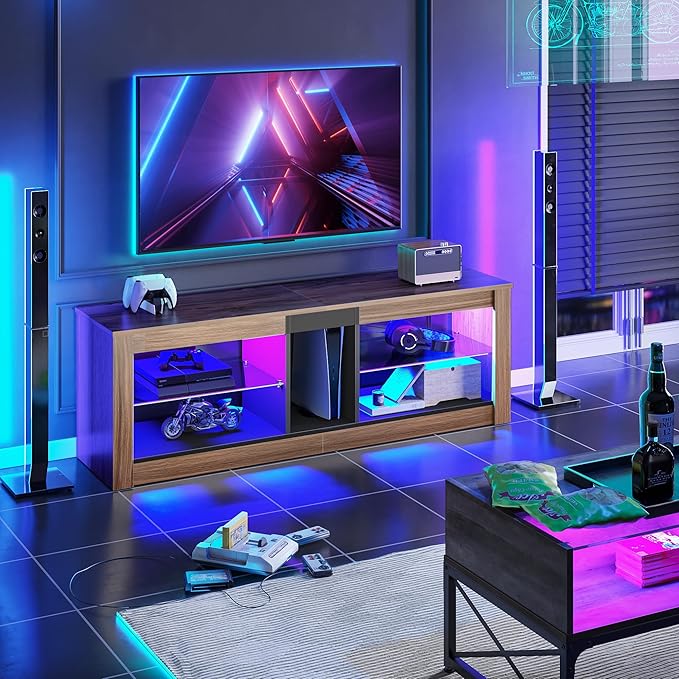 Bestier 55 Inch TV Stand with LED light, Adjustable Glass Shelves, 22 Dynamic RGB Colors, P2 Particle Board, for Entertainment Center, Living Room, Gaming Room, and Bedroom, Pinewood - LeafyLoom