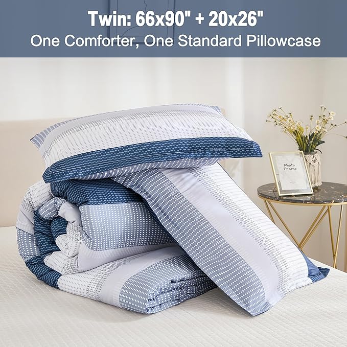 Litanika Mineral Blue Bed Comforter Set Twin/Twin XL Size, 2 Pieces Lightweight Striped Bedding Comforter Set, Soft All Season Down Alternative Comforter (1 Comforter, 1 Pillowcase) - LeafyLoom