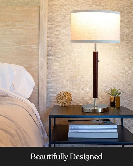 Brightech Carter LED Bedside Lamp - Compact Table & Desk Reading Lamp for Bedroom, Living Room, Office - Modern Nightstand & Side Lamp with Soft Ambient Light - Stainless Steel & Wood Finish - LeafyLoom