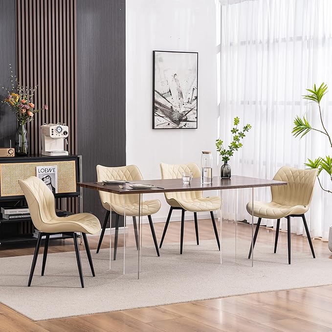 YOUNIKE Dining Chairs Set of 2, Upholstered Faux Leather Kitchen Chairs Dining Room Chairs, Modern Living Room Bedroom Side Chairs with Wide Curved Back and Adjustable Metal Legs, Beige - LeafyLoom