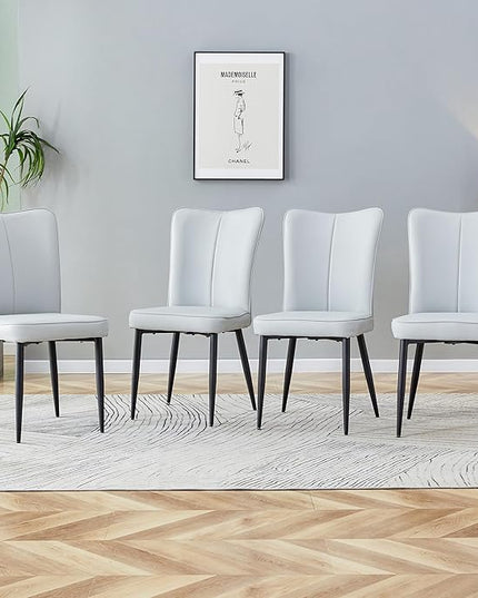 Modern Dining Chairs Set of 4, PU Leather Seat Cushions Light Gray Dining Room Chair, with Black Metal Legs Kitchen Chair for Home Living Room, Restaurant, Light Gray Chair Black Legs - LeafyLoom