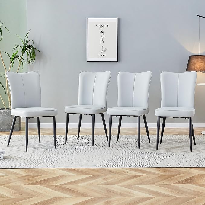 Modern Dining Chairs Set of 4, PU Leather Seat Cushions Light Gray Dining Room Chair, with Black Metal Legs Kitchen Chair for Home Living Room, Restaurant, Light Gray Chair Black Legs - LeafyLoom