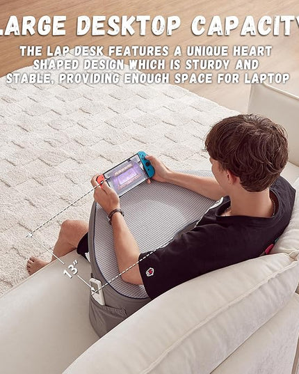 Reading Pillow for Bed, Heart Shaped Gaming Pillow for lap, Lap Desk Pillow for Couch, Memory Foam Lap Cushy Desk for Reading, Gaming, Working, Crocheting in Bed Sofa(Grey) - LeafyLoom