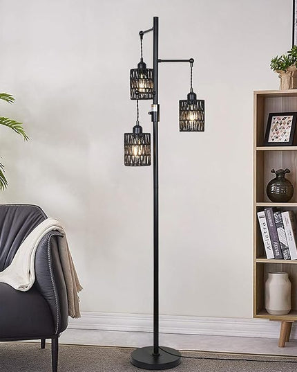 Rattan Floor Lamp, 3-Lights Boho Floor Lamp with Stepless Dimmer, 65" Farmhouse Rustic Floor Lamps for Living Room, Tall Floor Lamp with Rattan Shades, Dimmable Standing Lamp for Bedroom Black - LeafyLoom