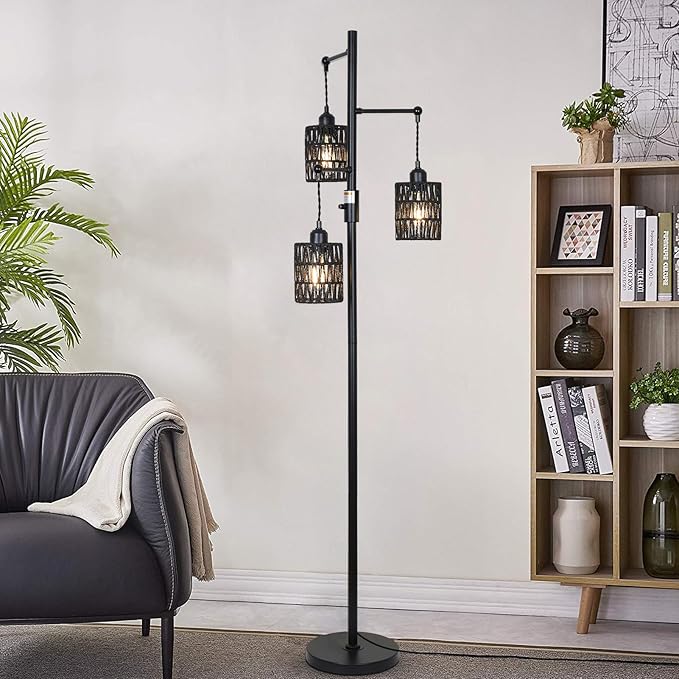 Rattan Floor Lamp, 3-Lights Boho Floor Lamp with Stepless Dimmer, 65" Farmhouse Rustic Floor Lamps for Living Room, Tall Floor Lamp with Rattan Shades, Dimmable Standing Lamp for Bedroom Black - LeafyLoom