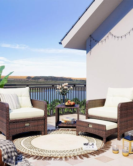 Pamapic 5 Pieces Outdoor Patio Wicker Chairs Set with Ottoman, Outside Conversation Furniture Set with Cushions and Coffee Table for Balcony Porch Lawn Garden (Cream Cushion+ Umber Rattan) - LeafyLoom