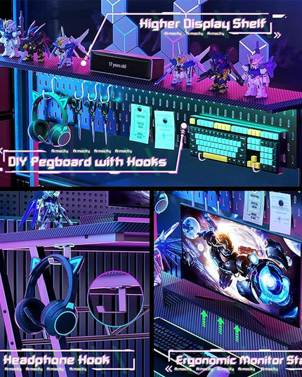 Gaming Computer Desk with Hutch and LED Lights, 55'' Black Gaming Desk with Storage Shelves, Reversible PC Gaming Desk with Pegboard, Ergonomic Desk for Bedroom, Carbon Fiber Surface - LeafyLoom