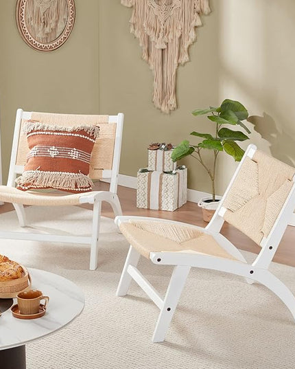 Modern Boho Accent Chairs for Living Room,Mid Century Accent Chair,Side Chair Indoor Scandinavian Cognac Natural Wood Beech Braided Jute Woven Weave Paper Rope Seat - LeafyLoom