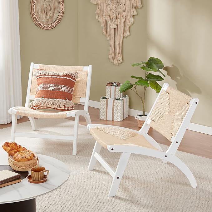 Modern Boho Accent Chairs for Living Room,Mid Century Accent Chair,Side Chair Indoor Scandinavian Cognac Natural Wood Beech Braided Jute Woven Weave Paper Rope Seat - LeafyLoom