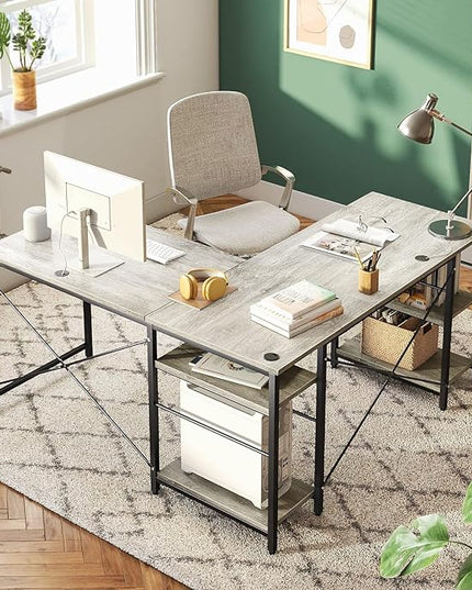 Bestier L Shaped Desk, 95.2 Inch Reversible Corner Computer Desk with Shelves, 2 Person Long Table for Home Office, Large Writing Storage Workstation with 3 Cable Holes, Rustic Brown, Grey Oak - LeafyLoom