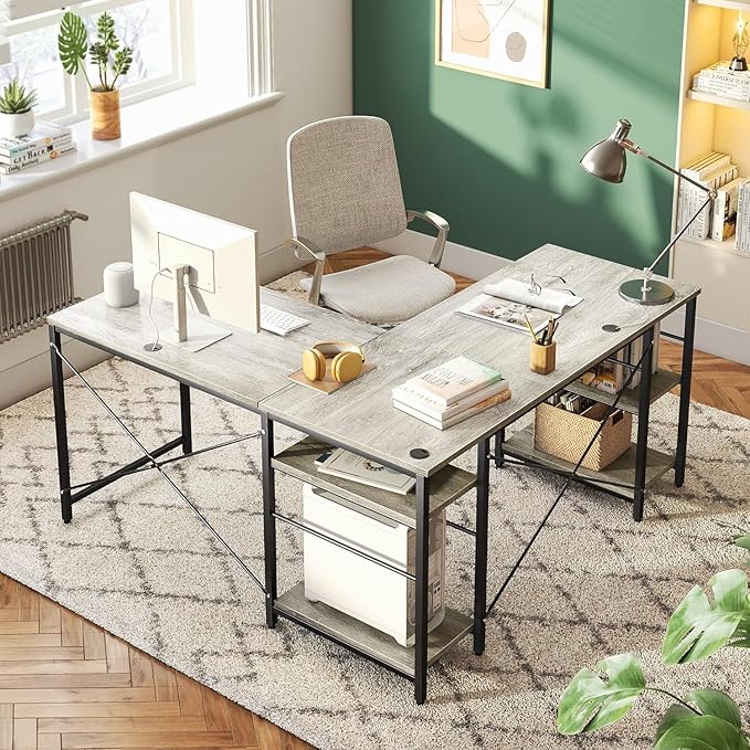 Bestier L Shaped Desk, 95.2 Inch Reversible Corner Computer Desk with Shelves, 2 Person Long Table for Home Office, Large Writing Storage Workstation with 3 Cable Holes, Rustic Brown, Grey Oak - LeafyLoom