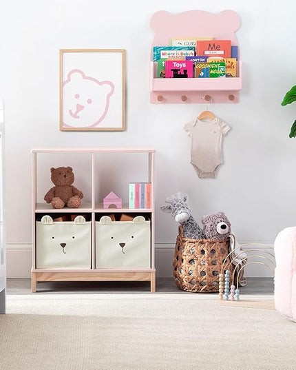 Delta Children babyGap Graham 4-in-1 Convertible Crib with Storage Drawer + Brannan Bear Bookcase with Bins + Brannan Bear Wall Shelf with 4 Hooks, Blush Pink/Dark Pink (Bundle) - LeafyLoom