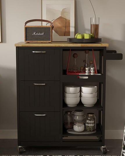 Usinso Kitchen Island Cart with 3 Tier Holder Kitchen Serving Carts Rolling Bar Cart Natural Solid Wood Top with 3 Tier Storage Drawer, Handle Racks, Caster Liquor Cart Suitable for Placing (Black) - LeafyLoom
