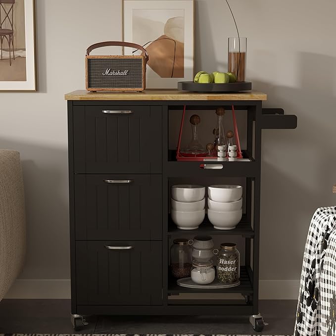 Usinso Kitchen Island Cart with 3 Tier Holder Kitchen Serving Carts Rolling Bar Cart Natural Solid Wood Top with 3 Tier Storage Drawer, Handle Racks, Caster Liquor Cart Suitable for Placing (Black) - LeafyLoom