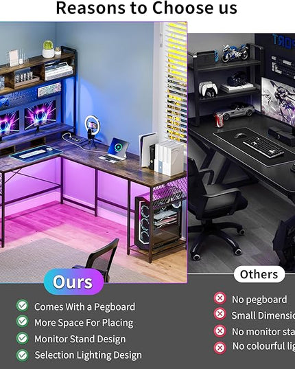 Lvifur 67” L Shaped Desk with Wireless Charging Station,24-Color RGB Dimmable Computer Desk with Pegboard,Gaming Desk with Monitor Stand, Display Stand,Human Sensor Lights for Home Office - LeafyLoom