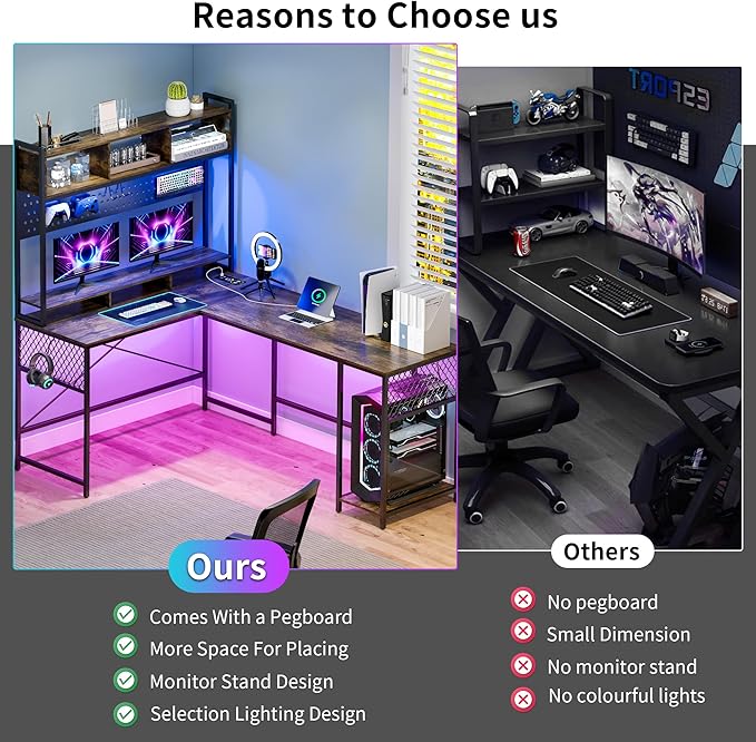 Lvifur 67” L Shaped Desk with Wireless Charging Station,24-Color RGB Dimmable Computer Desk with Pegboard,Gaming Desk with Monitor Stand, Display Stand,Human Sensor Lights for Home Office - LeafyLoom