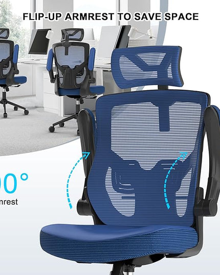 𝑯𝑶𝑴𝑬 𝑶𝑭𝑭𝑰𝑪𝑬 𝑪𝑯𝑨𝑰𝑹, Ergonomic Mesh Desk Chair, High Back Computer Chair- Adjustable Headrest with Flip-Up Arms, Lumbar Support, Swivel Executive Task Chair (Portimao Blue, Modern) - LeafyLoom