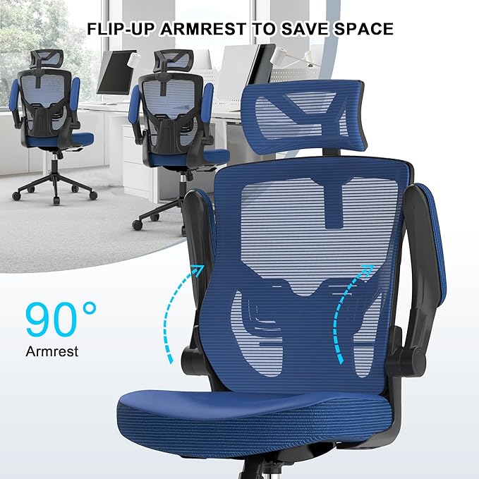 𝑯𝑶𝑴𝑬 𝑶𝑭𝑭𝑰𝑪𝑬 𝑪𝑯𝑨𝑰𝑹, Ergonomic Mesh Desk Chair, High Back Computer Chair- Adjustable Headrest with Flip-Up Arms, Lumbar Support, Swivel Executive Task Chair (Portimao Blue, Modern) - LeafyLoom