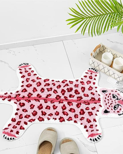 Leopard Shaped Rug Animals Bath Mat Rug Non-Slip Bathroom Door Mat for Bedroom Bathroom Kitchen Cartoon Area Rug for Bathroom Tub Soft Bathtub Mat Home Decor Pink - LeafyLoom