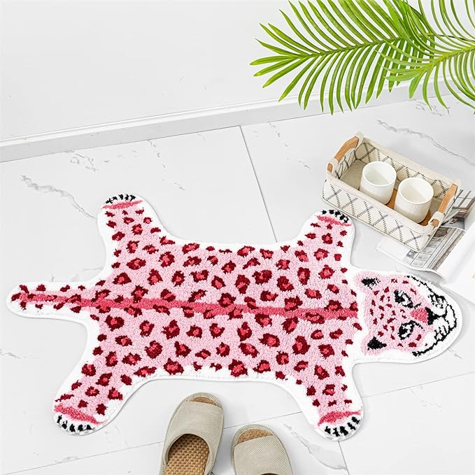 Leopard Shaped Rug Animals Bath Mat Rug Non-Slip Bathroom Door Mat for Bedroom Bathroom Kitchen Cartoon Area Rug for Bathroom Tub Soft Bathtub Mat Home Decor Pink - LeafyLoom