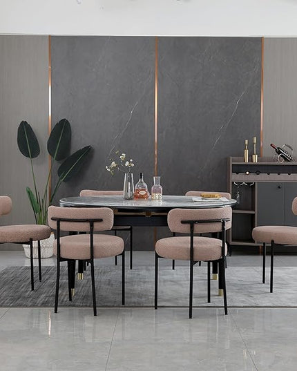 Light Brown Dining Chairs Set of 2 Round Upholstered Boucle Dining Room Chairs Mid-Century Modern Kitchen Chairs Curved Backrest Chairs for Dining Room Black Metal Legs - LeafyLoom