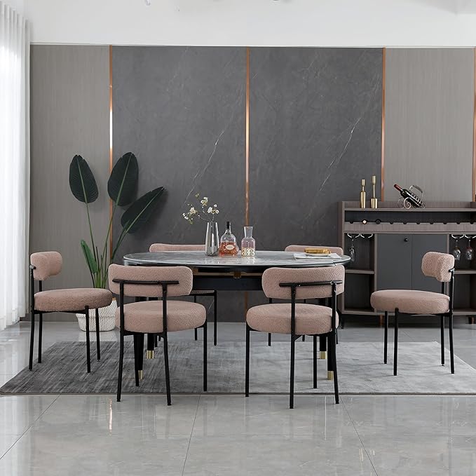 Light Brown Dining Chairs Set of 2 Round Upholstered Boucle Dining Room Chairs Mid-Century Modern Kitchen Chairs Curved Backrest Chairs for Dining Room Black Metal Legs - LeafyLoom
