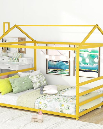 Queen Size Metal Floor Bed for Kids,Montessori Floor Bed with Roof,House Bed Frame for Boys Girls,Metal House Shape Platform Bed,Gold - LeafyLoom