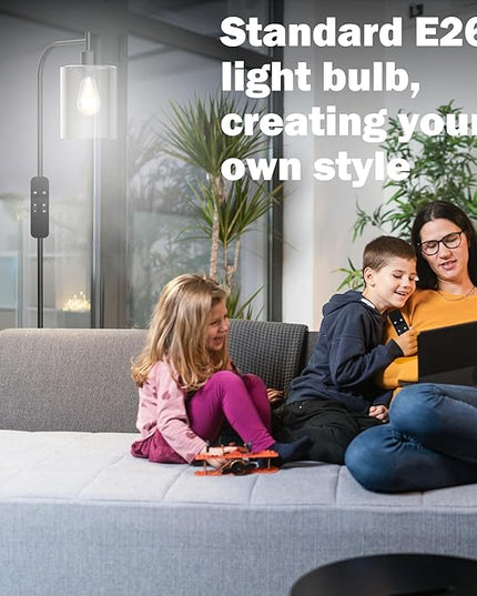 PAZZO LED Floor Lamp, Industrial Standing Lamp with Glass Lampshade, Ideal for Living Room, Bedroom, and Office, Matte Black Finish (includes Remote Control) - LeafyLoom