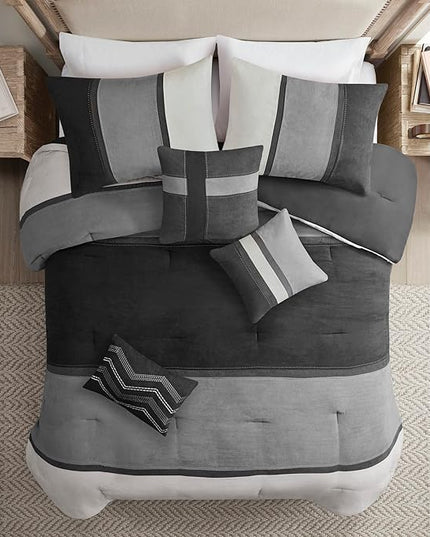 Madison Park Palisades Comforter Set Modern Faux Suede Pieced Stripe Design, All Season Down Alternative Cozy Bedding with Matching Shams, Decorative Pillows, Queen(90"x90"), Black 7 Piece - LeafyLoom