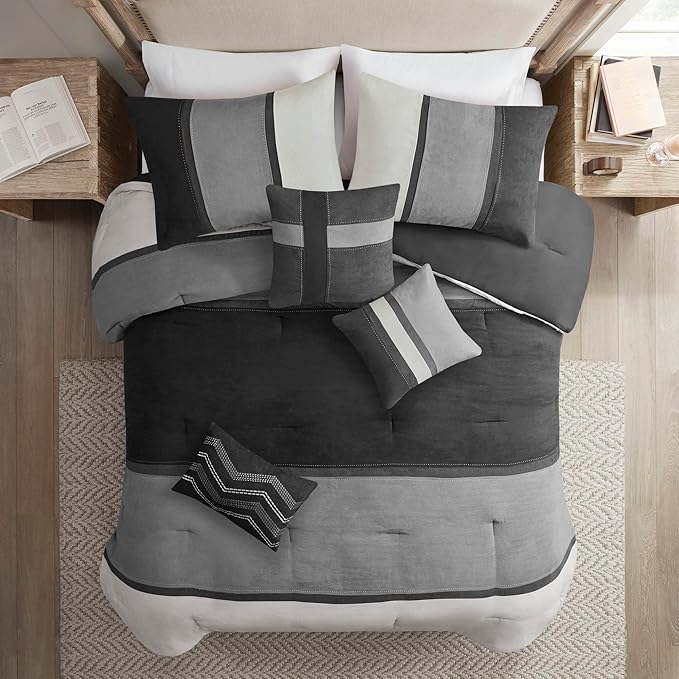 Madison Park Palisades Comforter Set Modern Faux Suede Pieced Stripe Design, All Season Down Alternative Cozy Bedding with Matching Shams, Decorative Pillows, Queen(90"x90"), Black 7 Piece - LeafyLoom