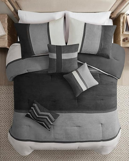 Madison Park Palisades Comforter Set Modern Faux Suede Pieced Stripe Design, All Season Down Alternative Cozy Bedding with Matching Shams, Decorative Pillows, King(104"x92"), Black 7 Piece - LeafyLoom