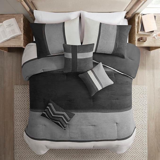 Madison Park Palisades Comforter Set Modern Faux Suede Pieced Stripe Design, All Season Down Alternative Cozy Bedding with Matching Shams, Decorative Pillows, King(104"x92"), Black 7 Piece - LeafyLoom