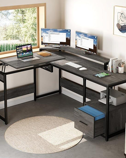 YITAHOME L Shaped Desk with Lift Top, 65" Adjustable Standing Desk with File Drawer, Corner Computer Desk with Storage Shelves,Home Office Desk, Grey - LeafyLoom
