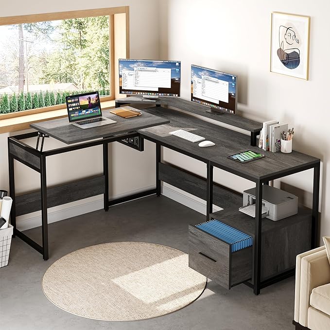 YITAHOME L Shaped Desk with Lift Top, 65" Adjustable Standing Desk with File Drawer, Corner Computer Desk with Storage Shelves,Home Office Desk, Grey - LeafyLoom