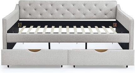 Queen Size Daybed with 2 Drawers, Upholstered Tufted Sofa Bed, with Button Back and Waved Shape Arms, Wood Slat Support, No Spring Box Need, for Bedroom, Livingroom - LeafyLoom
