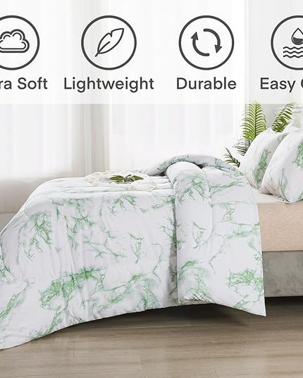 Litanika Sage Green Marble Comforter Queen(90x90lnch), 3Pieces(1 Marble Comforter and 2 Pillowcases) Soft Microfiber Comforter Bedding Set for Men and Women - LeafyLoom