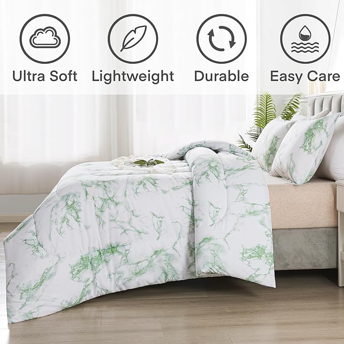 Litanika Sage Green Marble Comforter Queen(90x90lnch), 3Pieces(1 Marble Comforter and 2 Pillowcases) Soft Microfiber Comforter Bedding Set for Men and Women - LeafyLoom